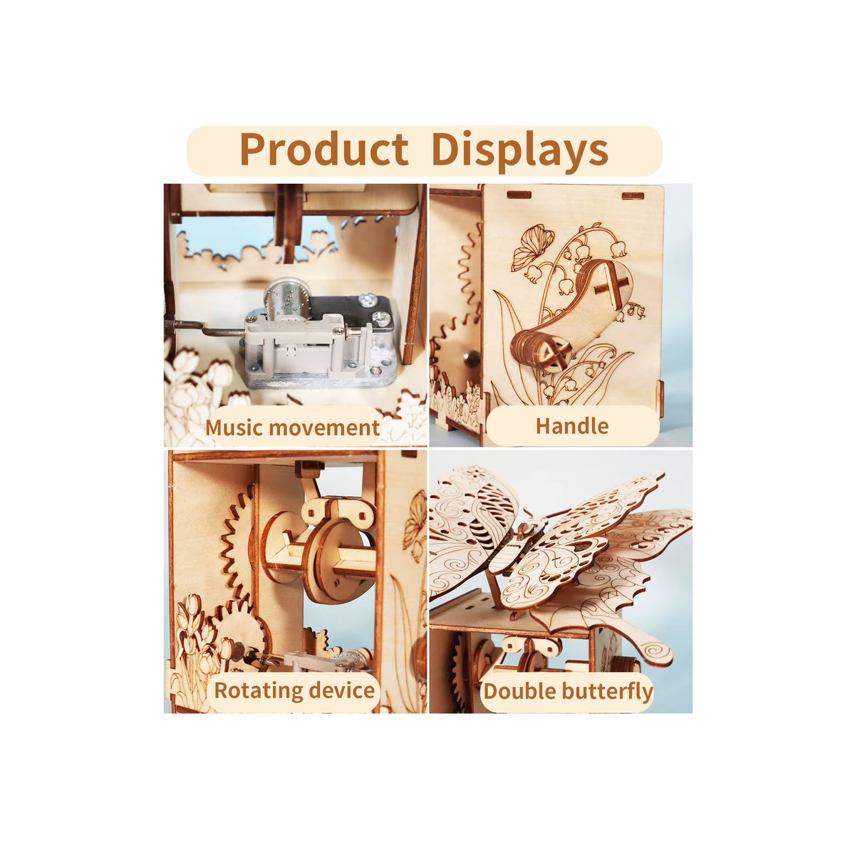 Handgefertigtes 3D-Holzpuzzle von Music Park als Schmetterling-Spieluhr mit You Are My Sunshine Motiv in Beige - Bild 4