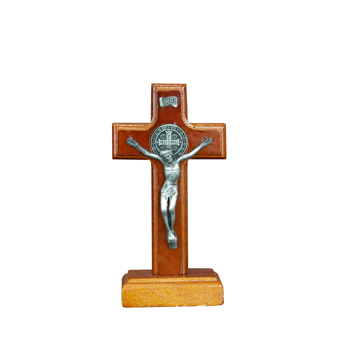 Handgefertigtes katholisches Holzkreuz mit Jesus Kruzifix und St. Benedikt Medaille in Braun, Höhe: 10,92 cm - Bild 5