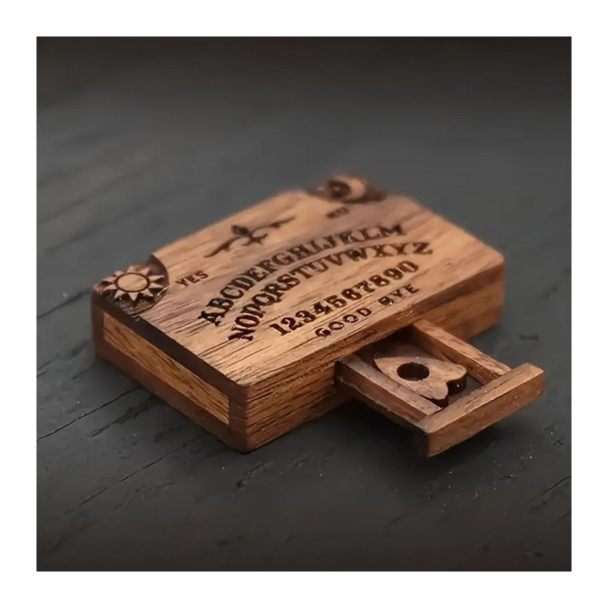 Handgefertigtes Mini Ouija-Brett aus Holz mit Schublade im Vintage-Design, braun, dekorativ für Halloween und Weihnachten - Bild 1