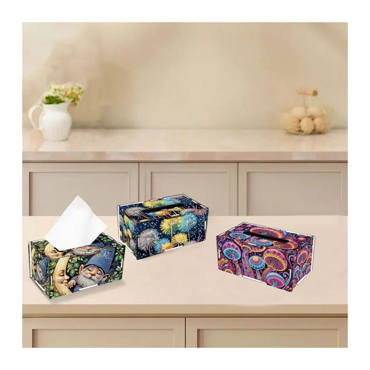Handgefertigtes Taschentuchbox-Set aus Holz mit floraler Diamantmalerei in Mehrfarbig - Bild 1