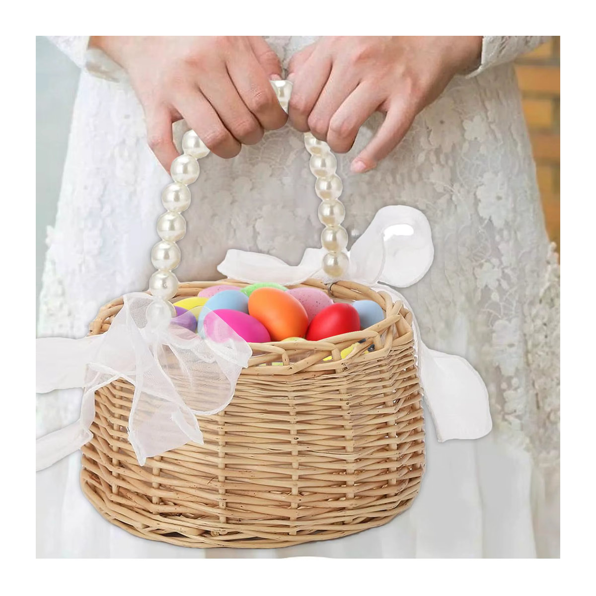 Handgeflochtener Rattan-Weidenkorb mit Perlengriff und Schleife in Beige für Ostern oder Hochzeiten - Bild 3