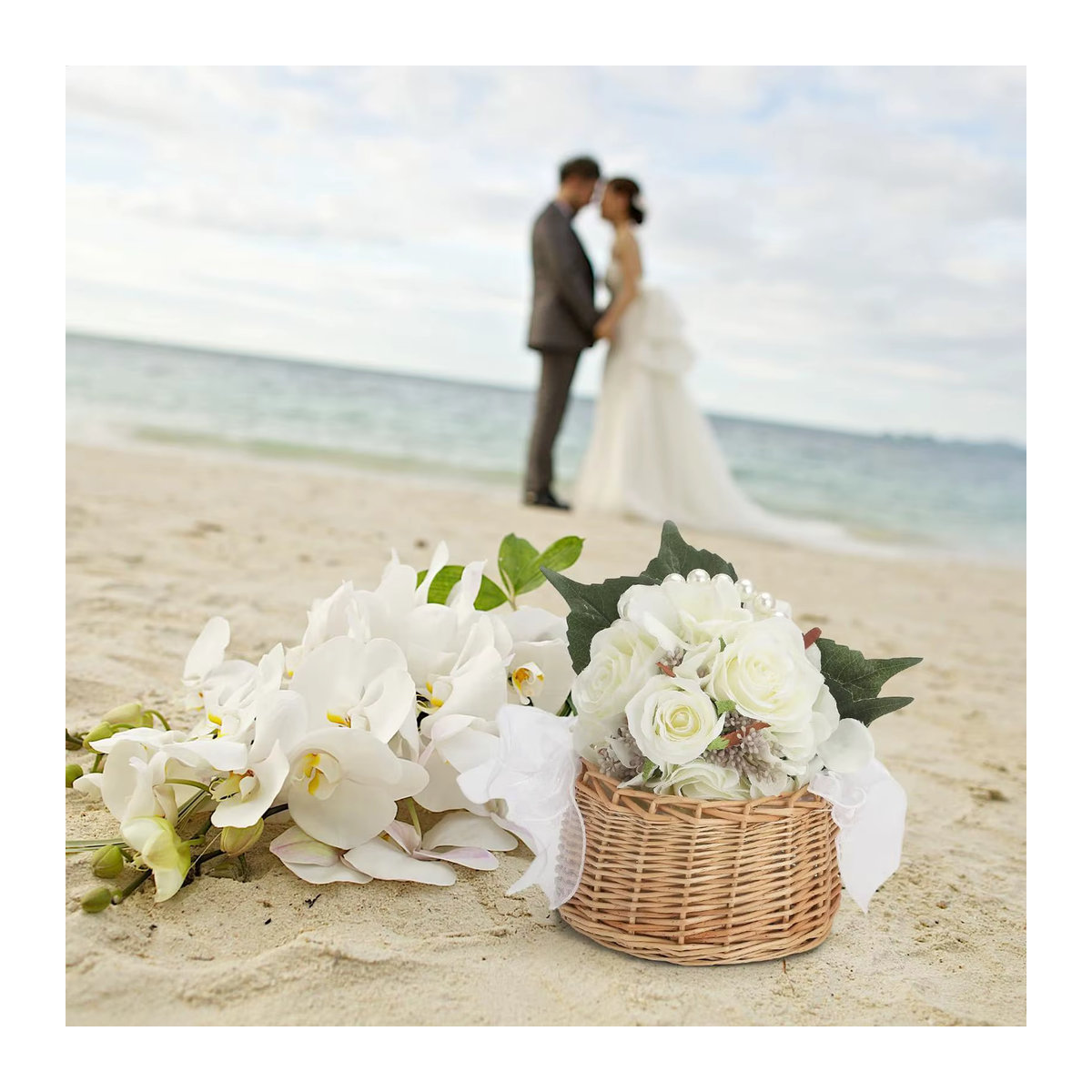 Handgeflochtener Rattan-Weidenkorb mit Perlengriff und Schleife in Beige für Ostern oder Hochzeiten - Bild 4