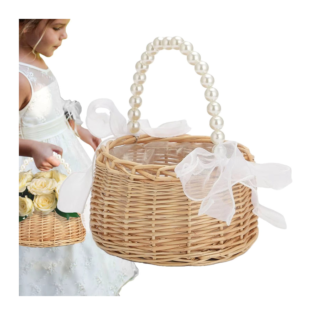 Handgeflochtener Rattan-Weidenkorb mit Perlengriff und Schleife in Beige für Ostern oder Hochzeiten - Bild 5