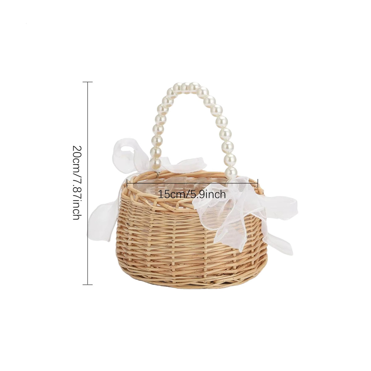 Handgeflochtener Rattan-Weidenkorb mit Perlengriff und Schleife in Beige für Ostern oder Hochzeiten - Bild 6