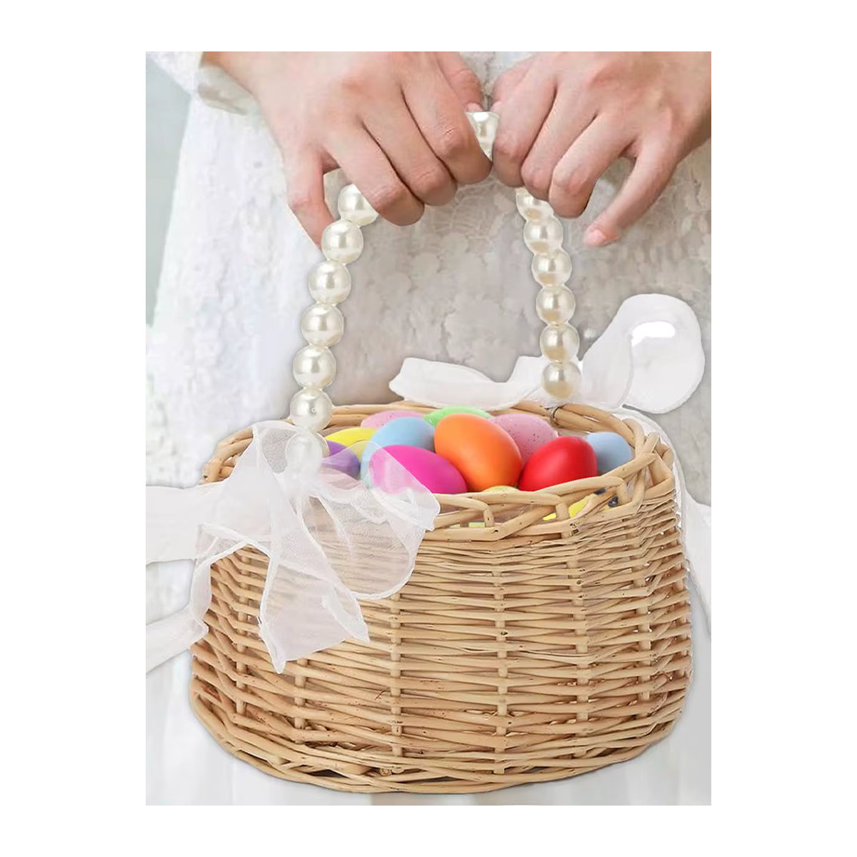 Handgeflochtener Rattan-Weidenkorb mit Perlengriff und Schleife in Beige für Ostern oder Hochzeiten - Bild 7