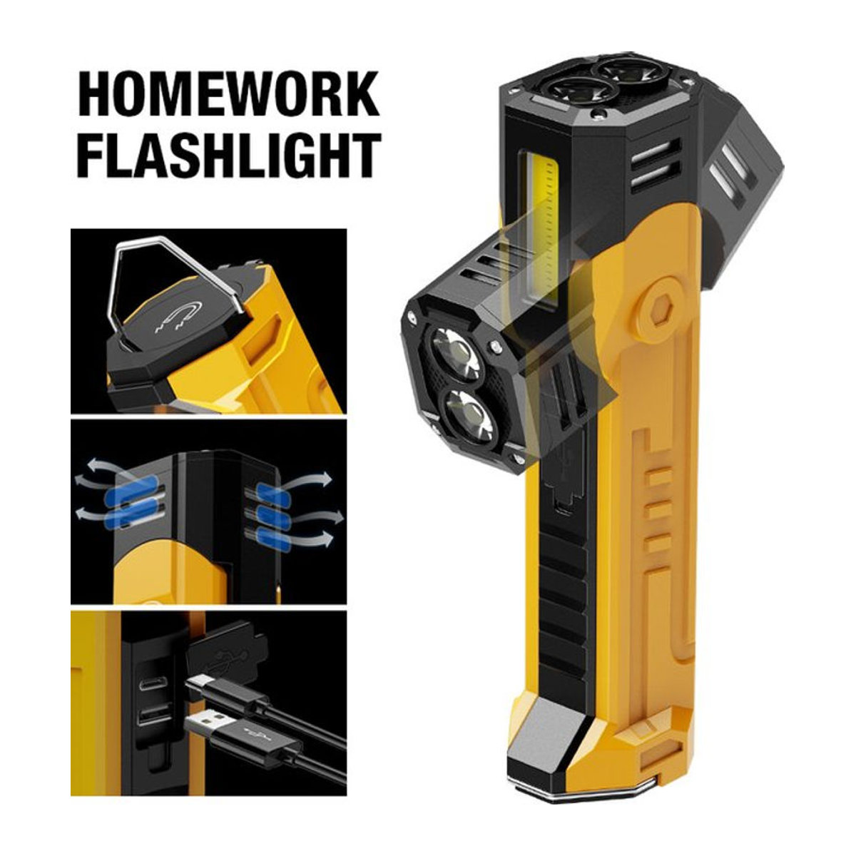 Handgehaltene Arbeitslampe mit verstellbarem Lichtwinkel und Typ-C-Ladefunktion in Gelb - Bild 1