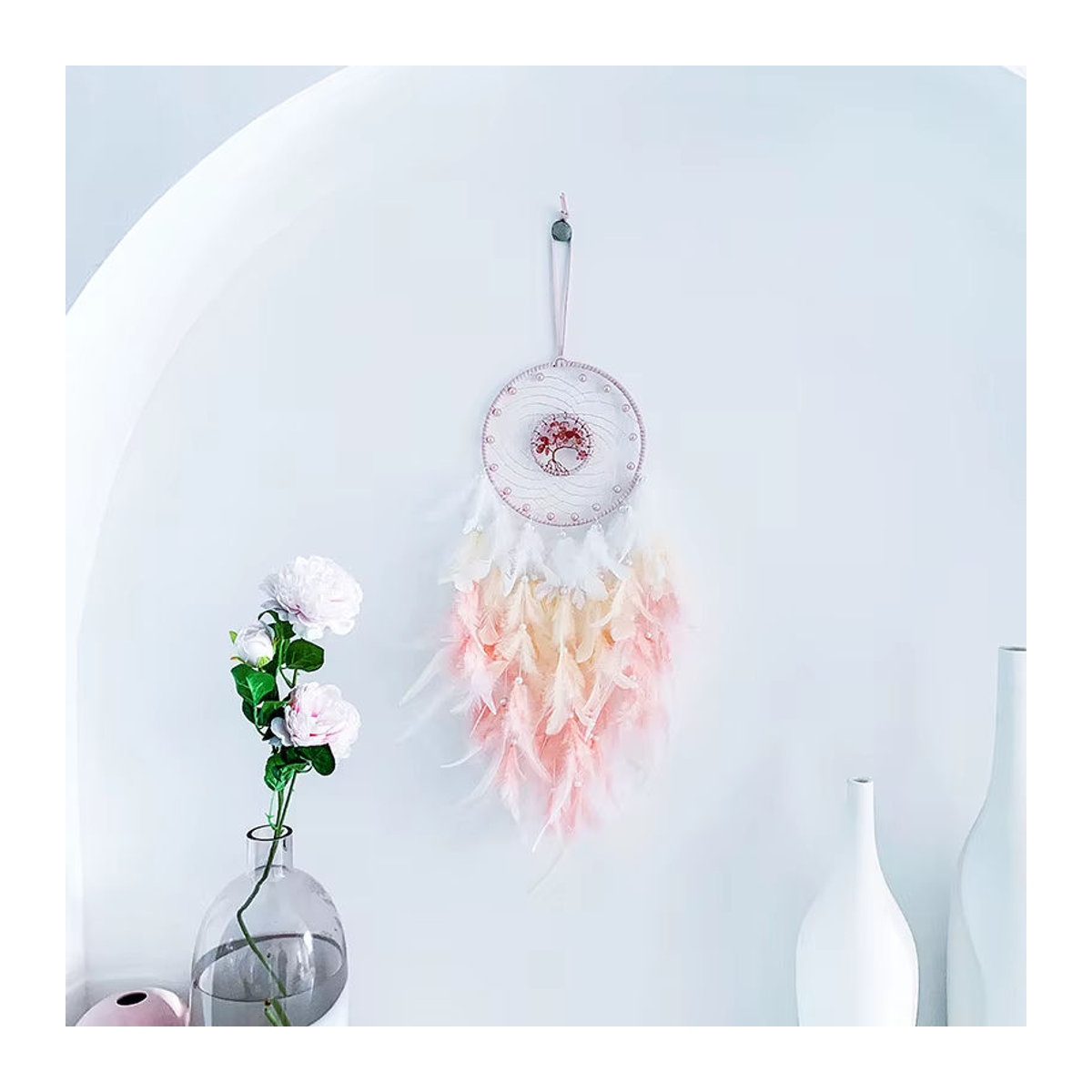 Handgemachte Bohemian Wanddekoration mit Herzen und Federn in Blau und Rosa für dein Schlafzimmer oder Fensterbrett - Bild 2