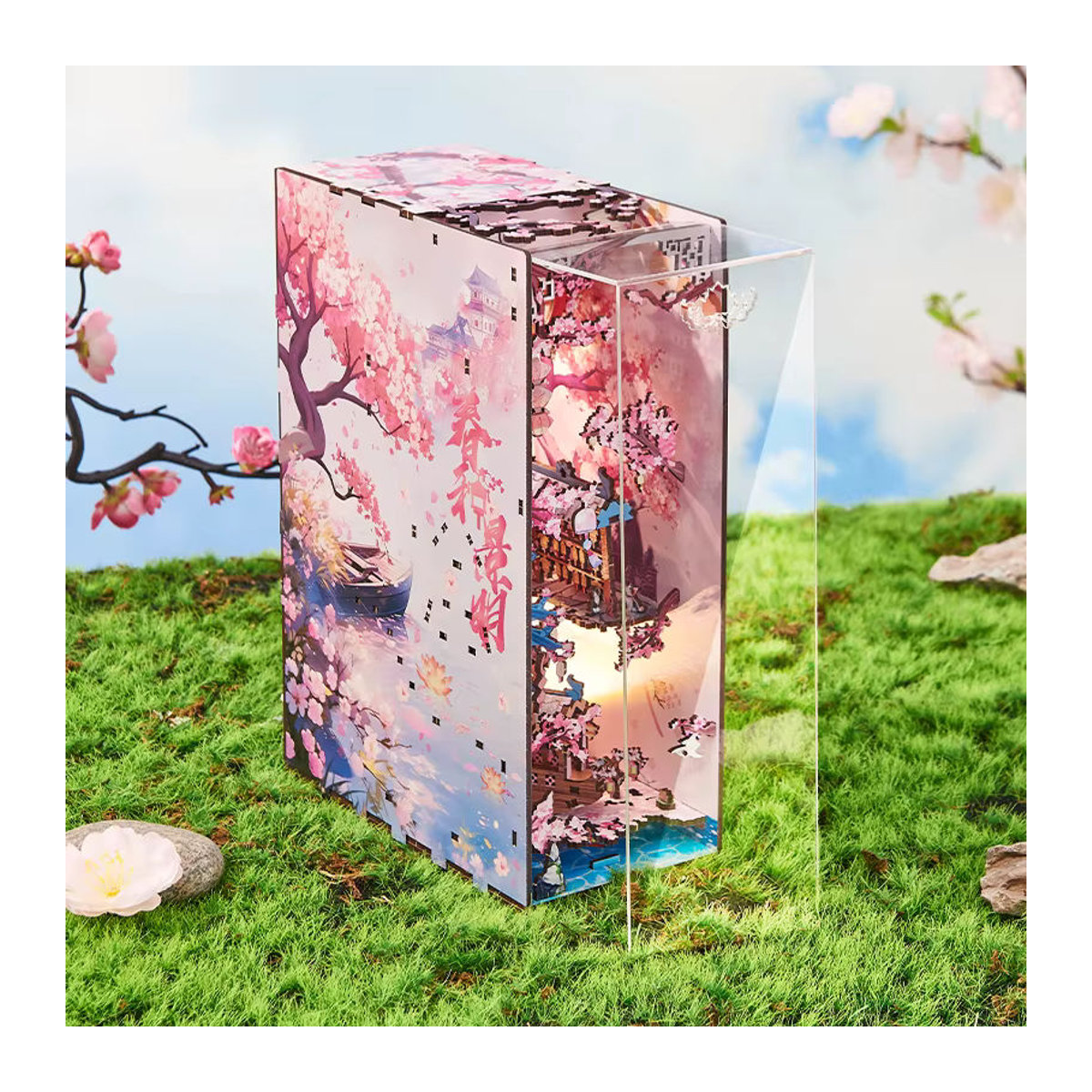 Handgemachte DIY Buchstütze aus Buche mit floralem Sakura-Design und Pflanzenelementen in Mehrfarbig - Bild 5