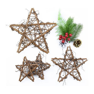 Handgemachter Rattan-Stern als hängender Kranz mit künstlichen Blumen in Braun für Weihnachtsdekoration und Hochzeiten, Durchmesser: 10 cm, 15 cm oder 20 cm