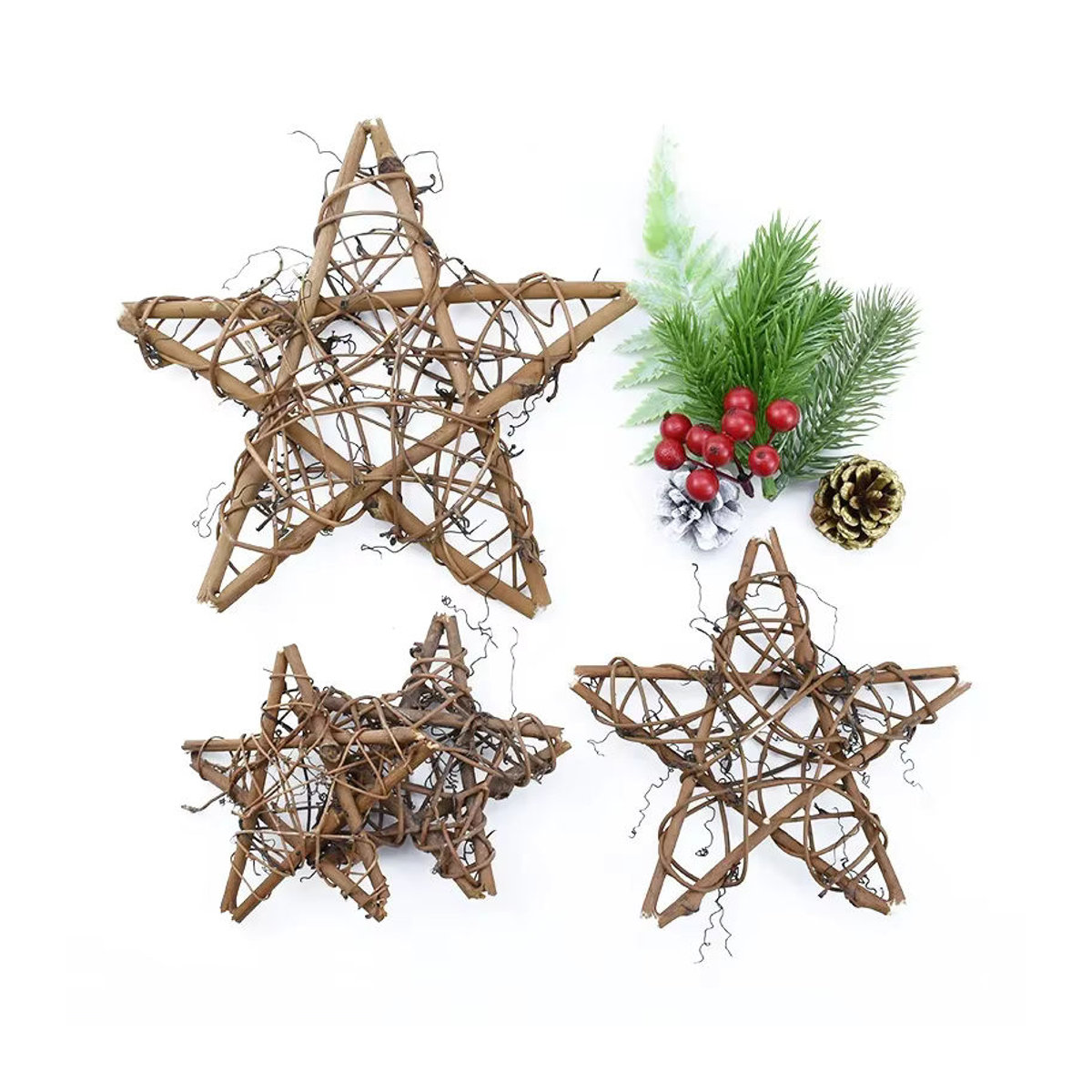 Handgemachter Rattan-Stern als hängender Kranz mit künstlichen Blumen in Braun für Weihnachtsdekoration und Hochzeiten, Durchmesser: 10 cm, 15 cm oder 20 cm - Bild 6