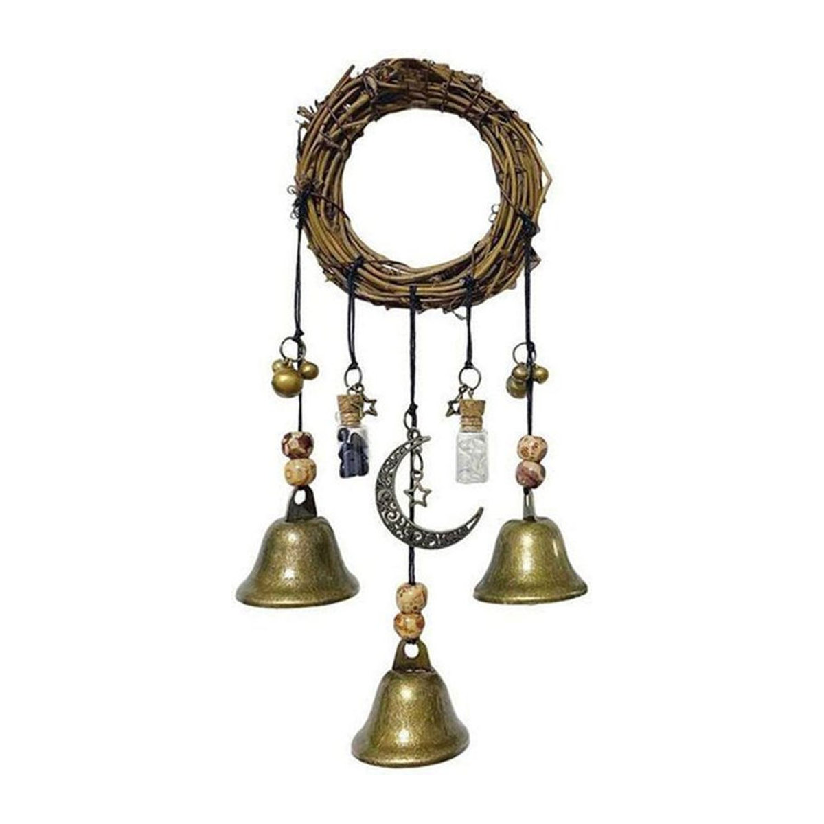 Handgemachtes hängendes Hexen Windspiel aus Metall in Gold mit Mond- und Glockenelementen als Bohemian Dekoration - Bild 1