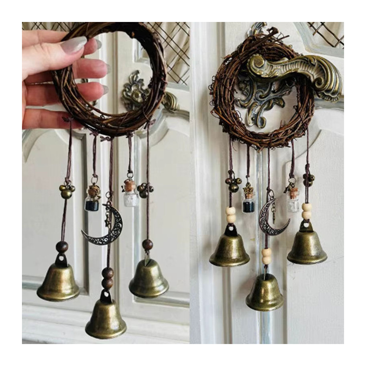 Handgemachtes hängendes Hexen Windspiel aus Metall in Gold mit Mond- und Glockenelementen als Bohemian Dekoration - Bild 2