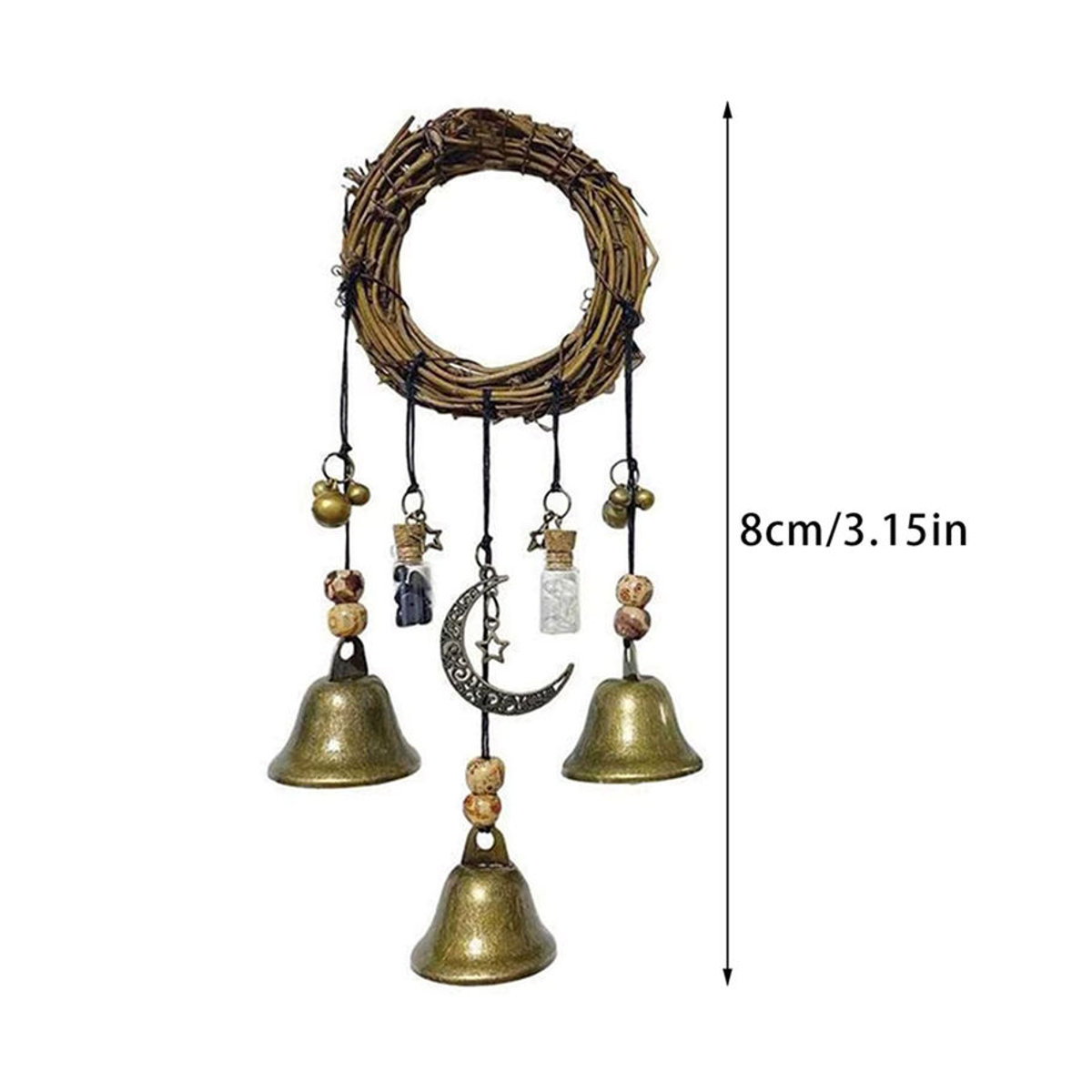 Handgemachtes hängendes Hexen Windspiel aus Metall in Gold mit Mond- und Glockenelementen als Bohemian Dekoration - Bild 6
