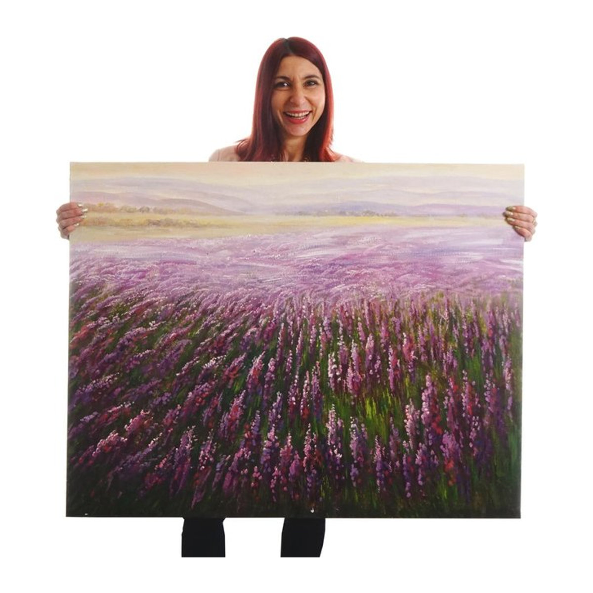 Handgemaltes Ölgemälde Blumenfeld in lila, Wandbild Floral im Querformat, B: 100 cm, H: 80 cm - Bild 1
