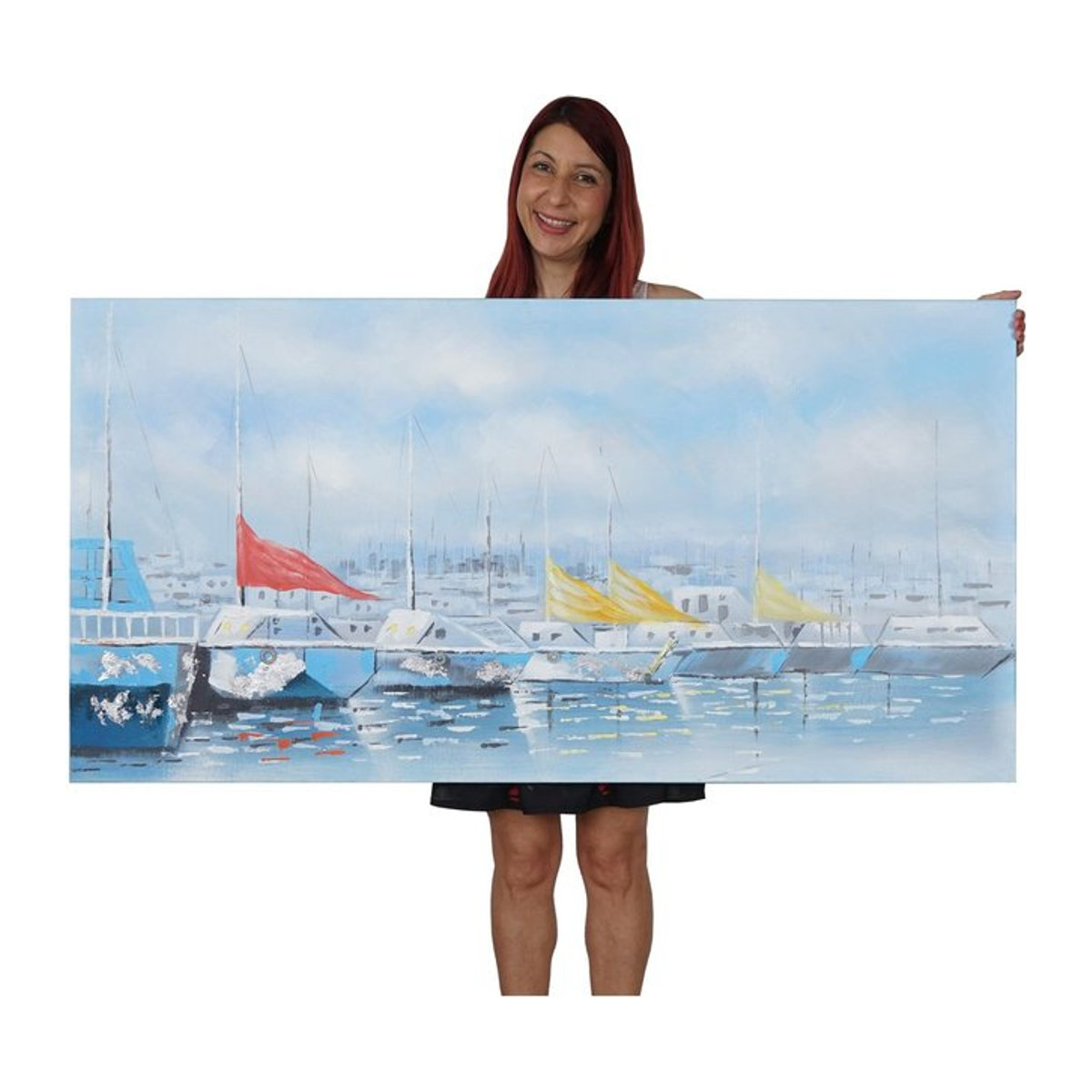 Handgemaltes Ölgemälde Boote in Blau, Maritimes Wandbild auf Leinwand im Querformat, B: 140 cm, H: 70 cm - Bild 1