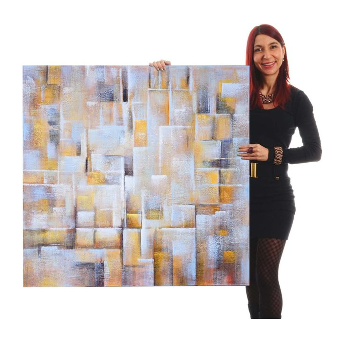 Handgemaltes Ölgemälde Cubes von MCW, abstraktes und geometrisches Wandbild in mehrfarbig, quadratisch, B/H: 100 x 100 cm - Bild 1
