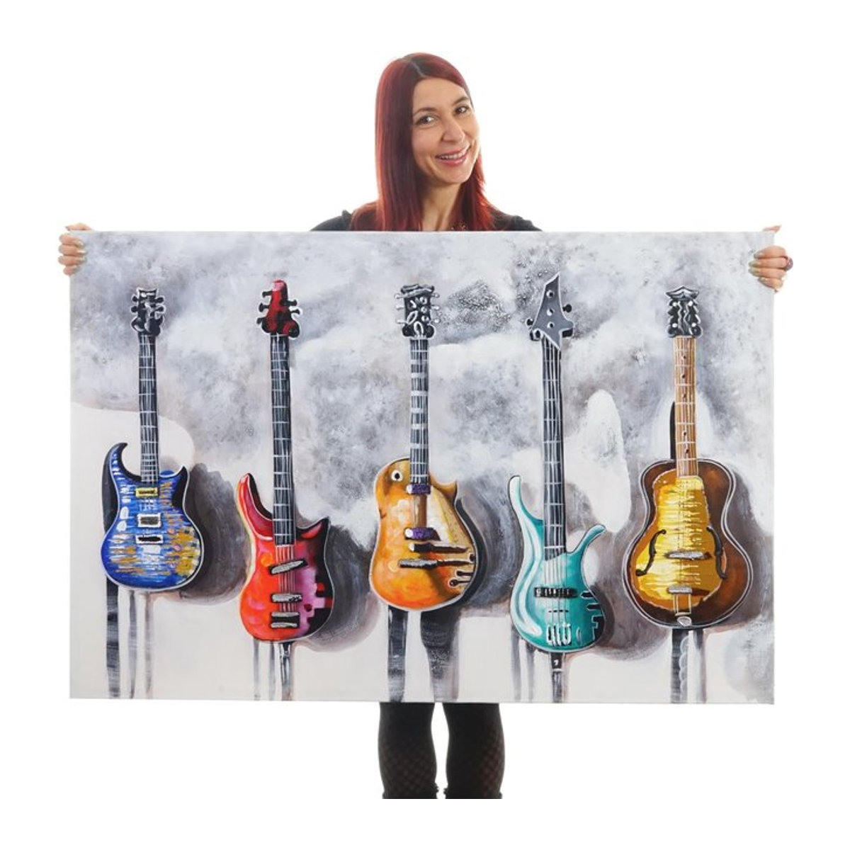 Handgemaltes Ölgemälde Gitarren als modernes Wandbild auf Leinwand, mehrfarbig, B: 120 cm, H: 80 cm - Bild 1