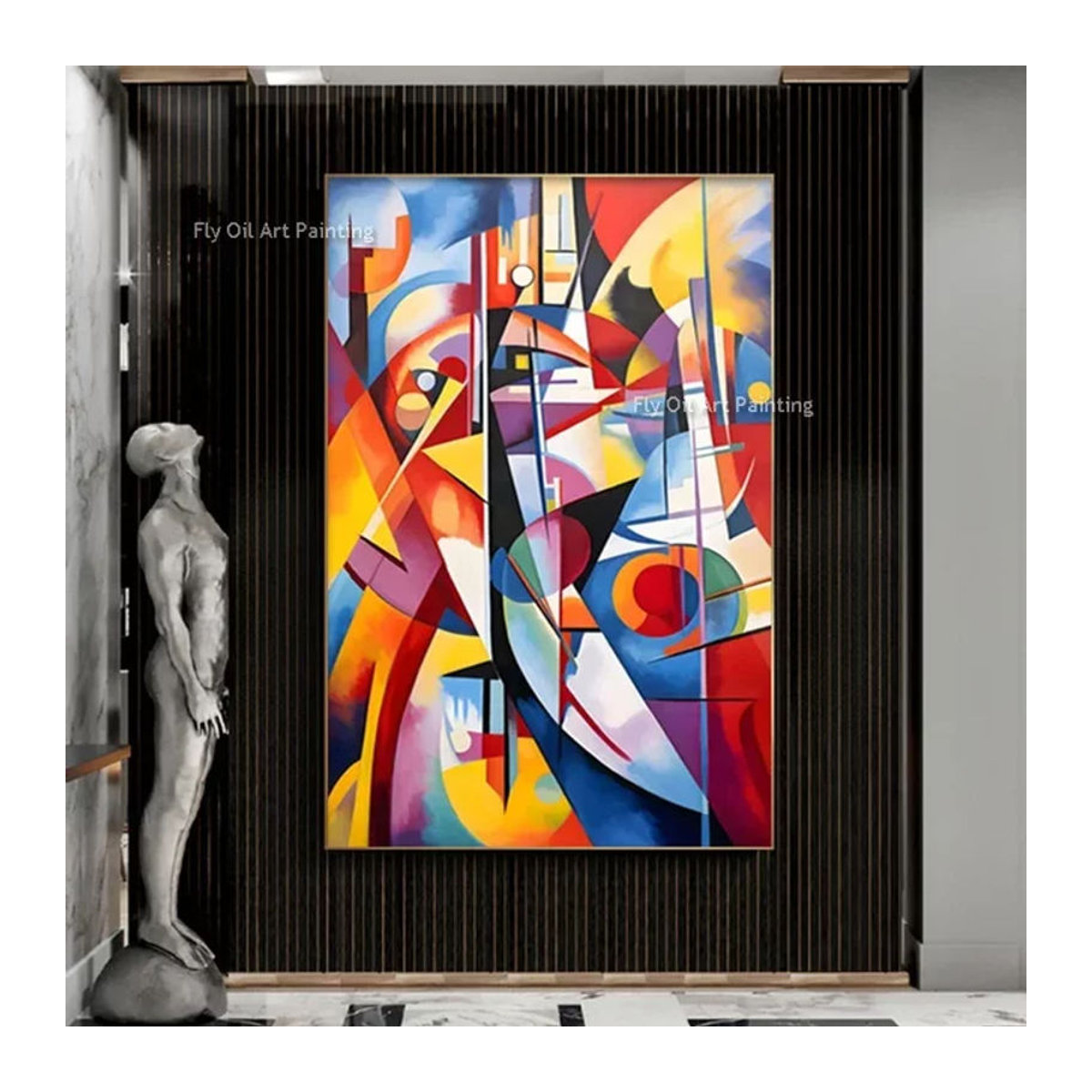 Handgemaltes Ölgemälde im Stil von Wassily Kandinsky als abstrakte Leinwandkunst für dein Wohnzimmer, mehrfarbig und im Hochformat - Bild 1