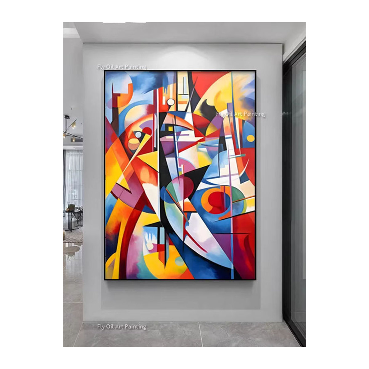 Handgemaltes Ölgemälde im Stil von Wassily Kandinsky als abstrakte Leinwandkunst für dein Wohnzimmer, mehrfarbig und im Hochformat - Bild 2