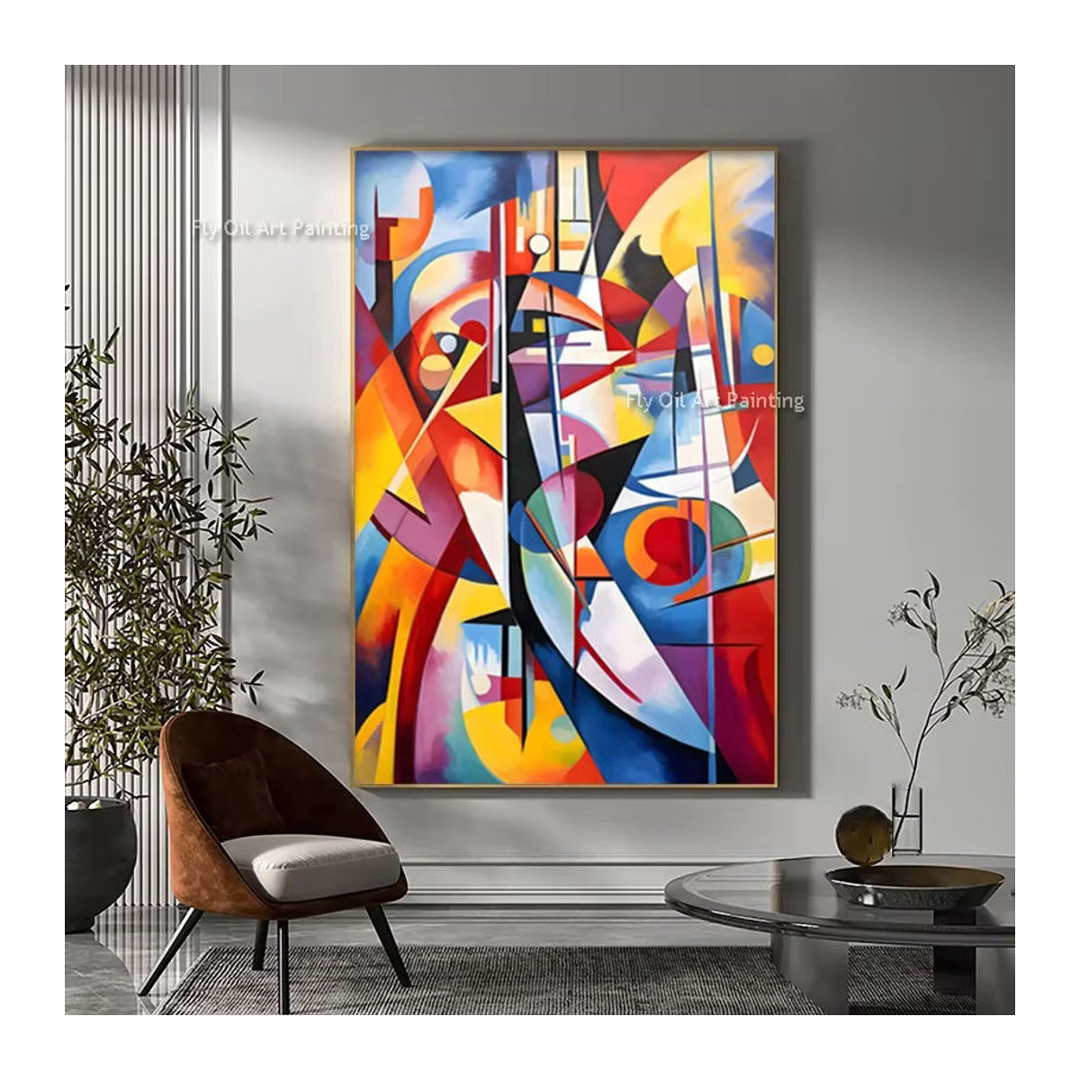 Handgemaltes Ölgemälde im Stil von Wassily Kandinsky als abstrakte Leinwandkunst für dein Wohnzimmer, mehrfarbig und im Hochformat - Bild 4