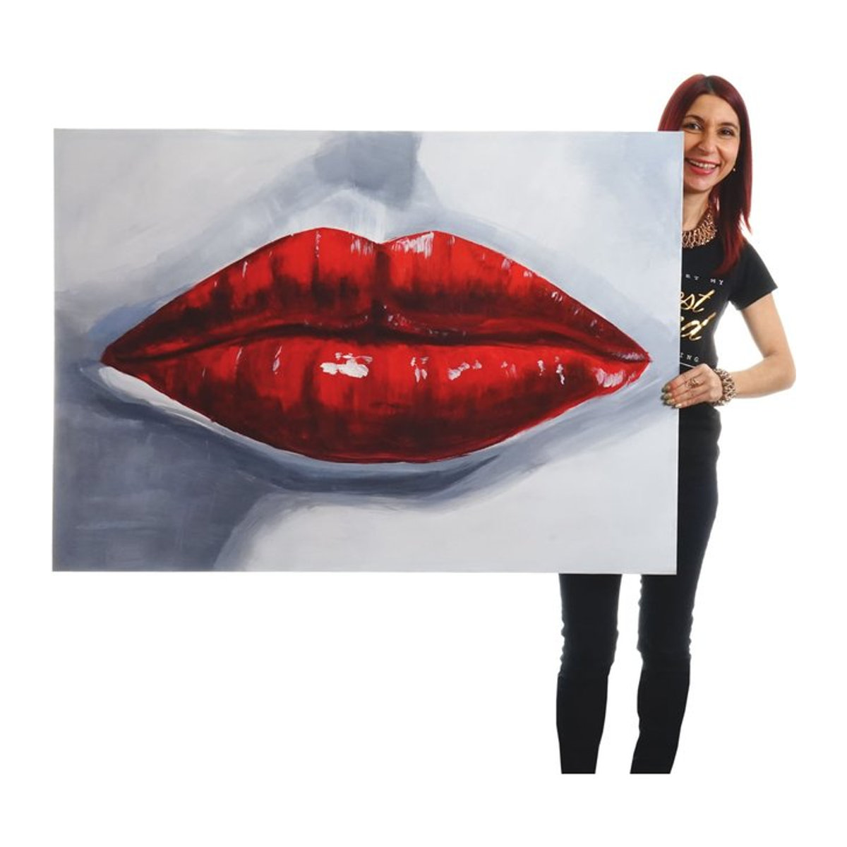 Handgemaltes Ölgemälde Lippen Porträt als modernes abstraktes Wandbild in Mehrfarbig, B: 120 cm, H: 85 cm - Bild 1