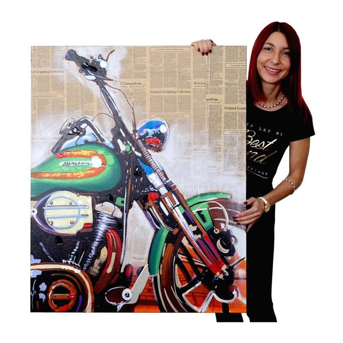 Handgemaltes Ölgemälde Motorrad als abstraktes Wandbild in Querformat, mehrfarbig, B: 100 cm, H: 80 cm - Bild 1