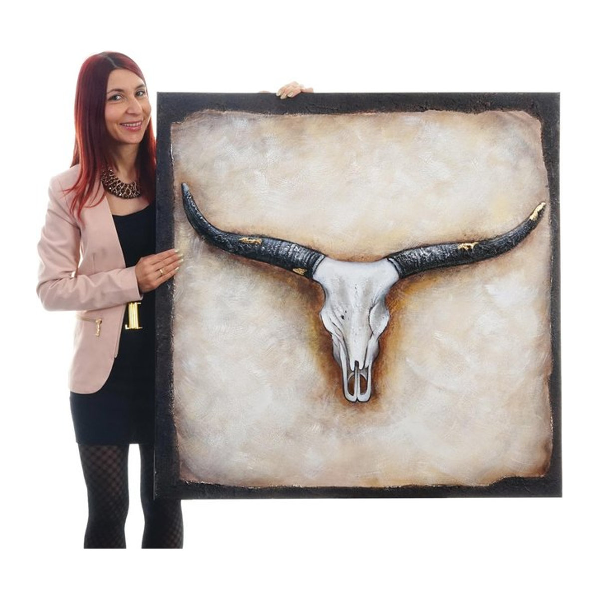 Handgemaltes Ölgemälde Stier in Beige, quadratisches Wandbild aus Holz, B/B: 100 x 100 cm - Bild 1