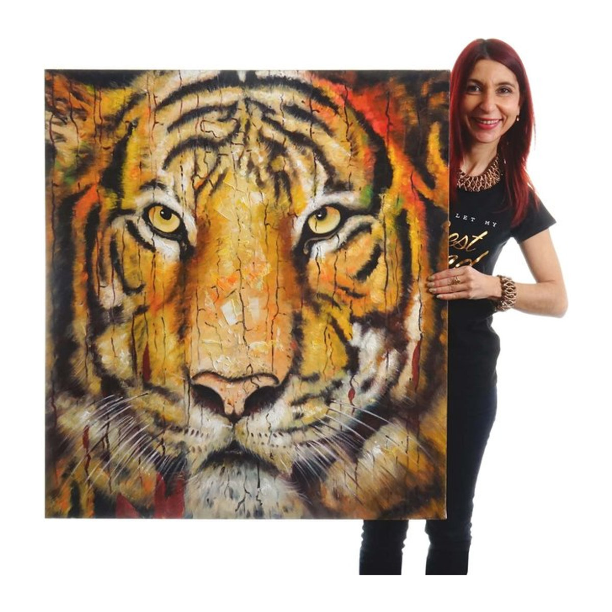 Handgemaltes Ölgemälde Tiger Wandbild im Querformat, mehrfarbig, B: 100 cm, H: 90 cm - Bild 1