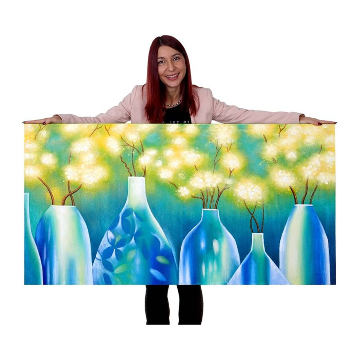 Handgemaltes Ölgemälde Vasen Wandbild in Blau, Modernes Floral Motiv im Querformat, Breite: 135 cm, Höhe: 70 cm - Bild 1