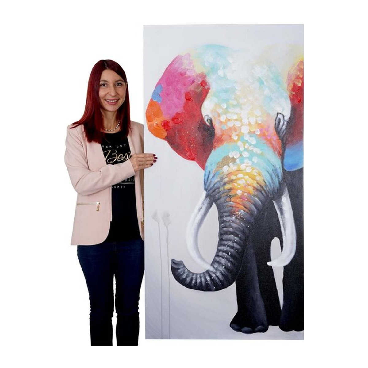 Handgemaltes Ölgemälde Wandbild Elefant II in Querformat, mehrfarbig, B: 140 cm, H: 70 cm - Bild 1