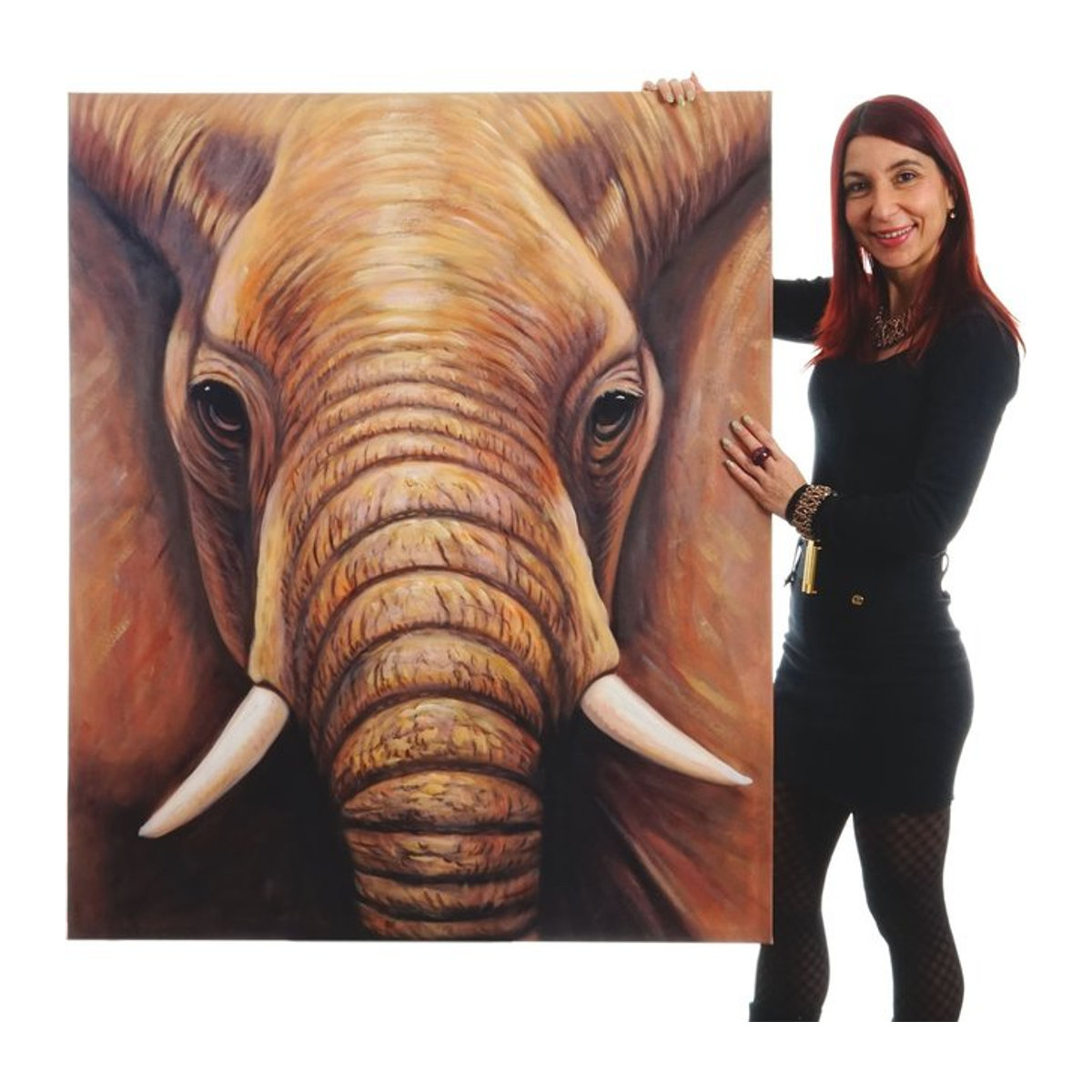 Handgemaltes Ölgemälde Wandbild Nahaufnahme Elefant in Braun, B: 120 cm, H: 100 cm - Bild 1