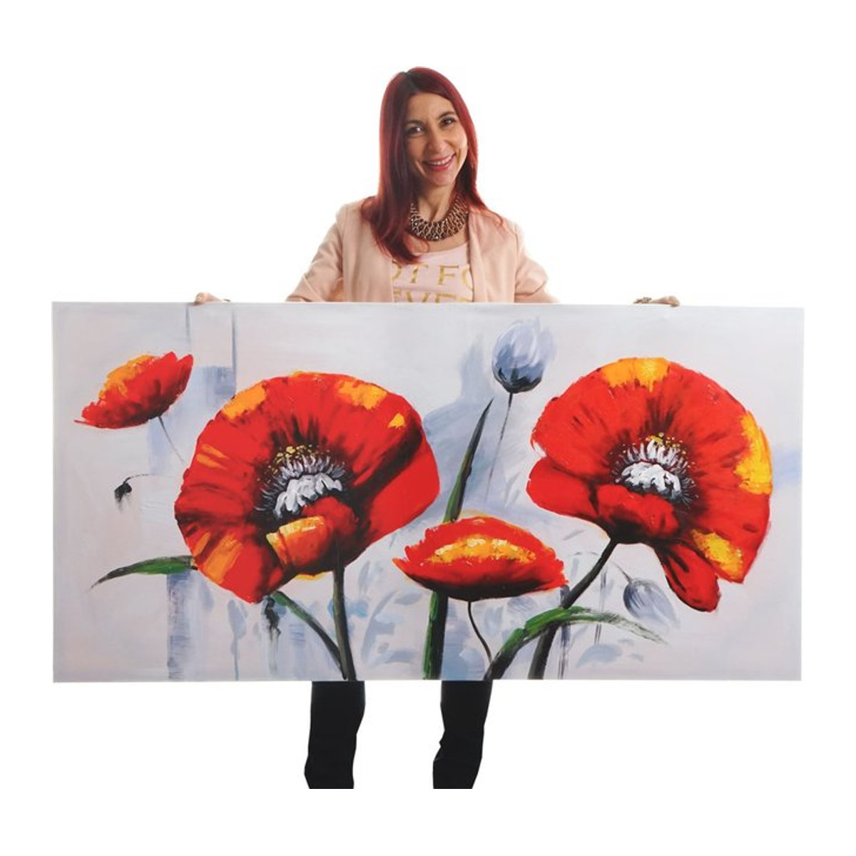 Handgemaltes Ölgemälde Wandbild Roter Mohn von MCW, Floral, Rot, B: 140 cm, H: 70 cm - Bild 1
