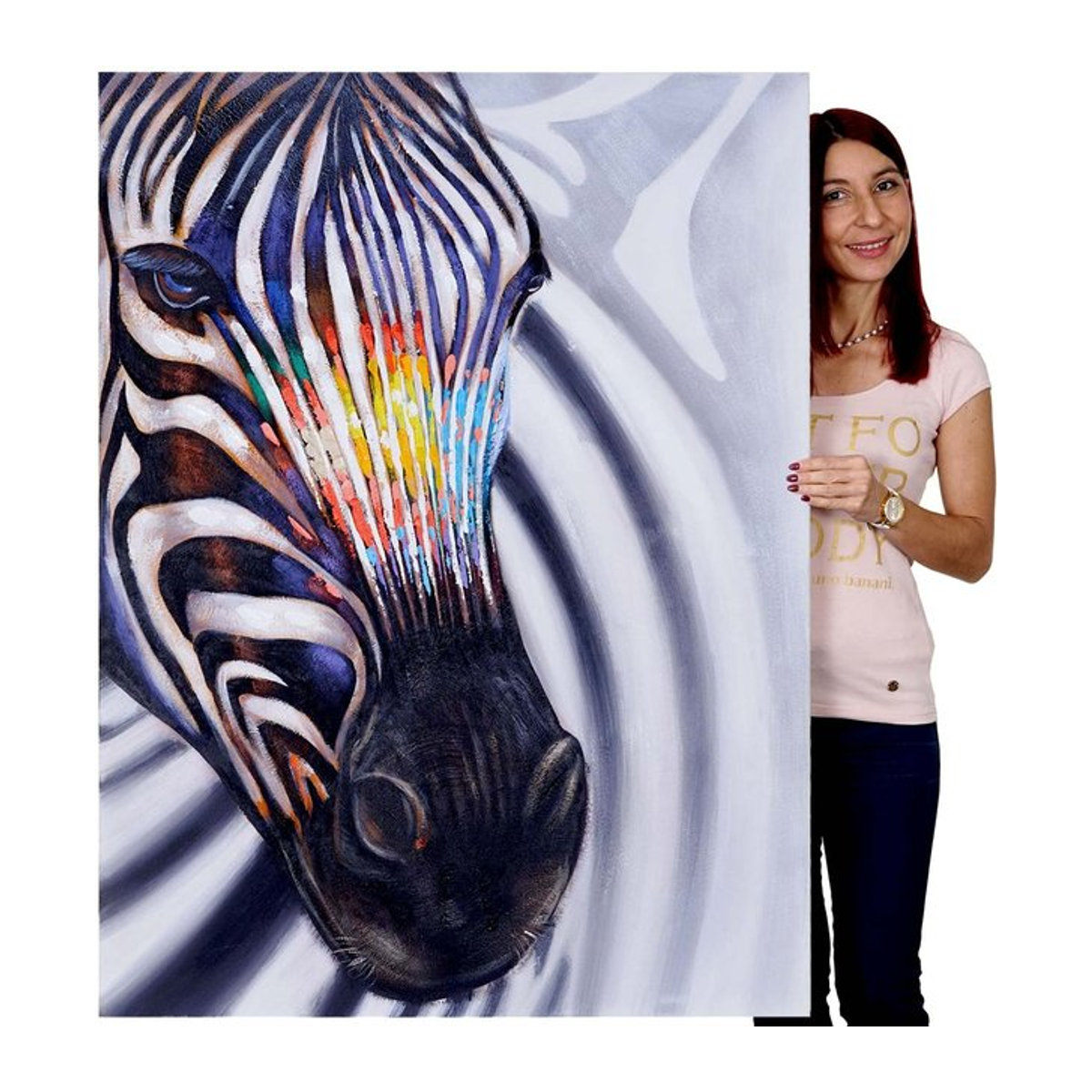 Handgemaltes Ölgemälde Wandbild Zebrakopf in XL, mehrfarbig, B: 120 cm, H: 90 cm - Bild 1