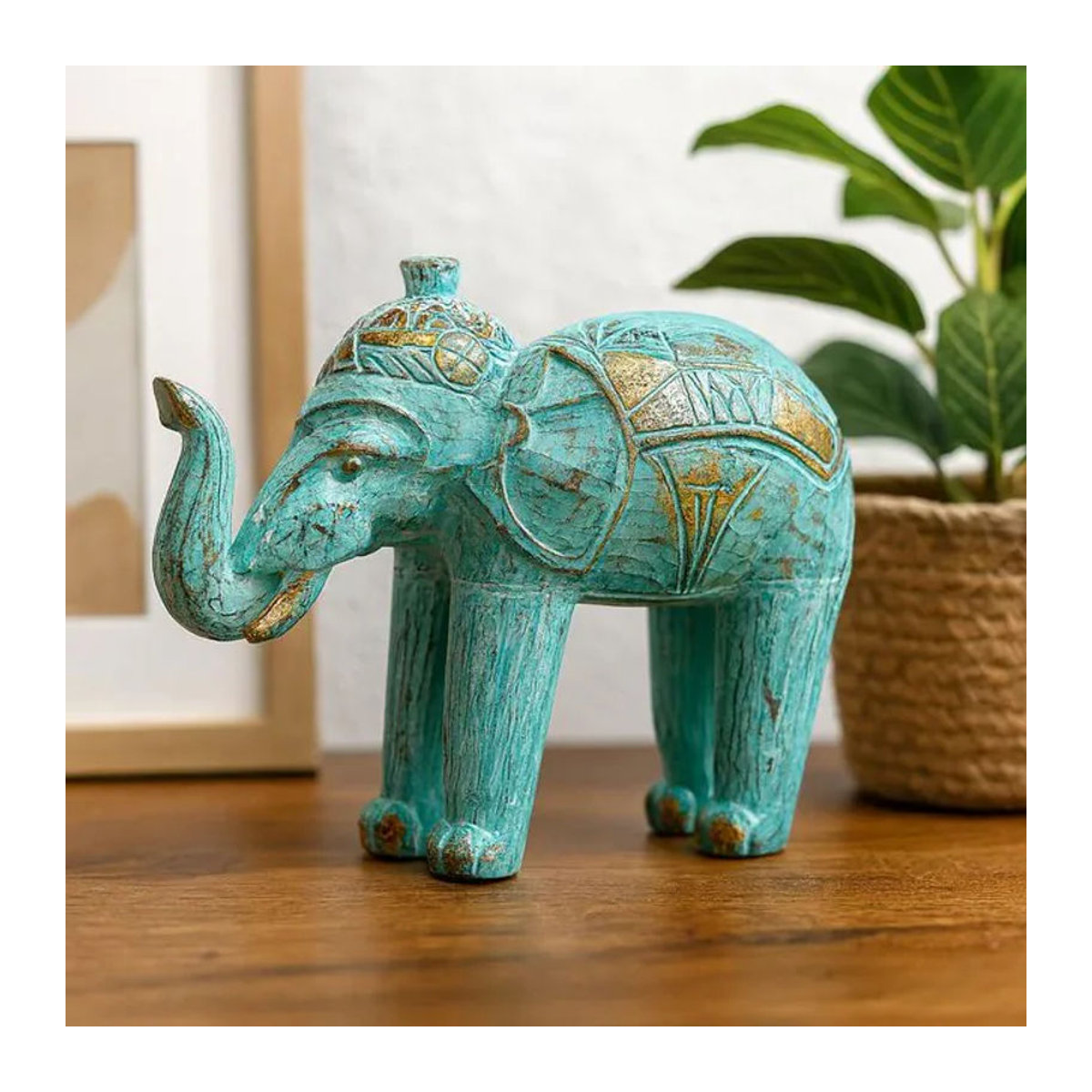Handgeschnitzte Elefantenstatue aus Holz von SHAMTAM in Gold und Blau im Vintage-Stil - Bild 1