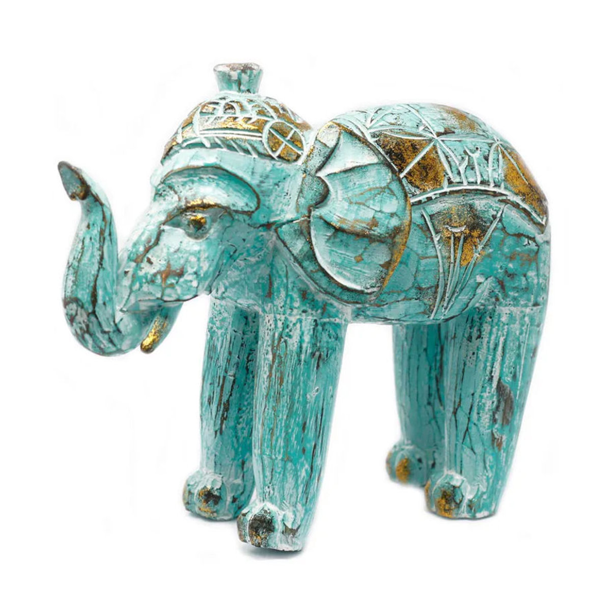 Handgeschnitzte Elefantenstatue aus Holz von SHAMTAM in Gold und Blau im Vintage-Stil - Bild 2