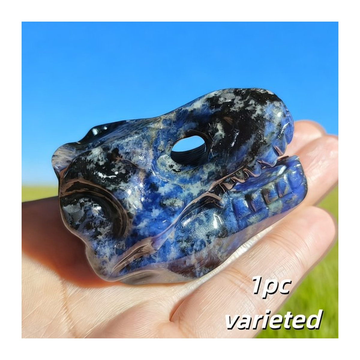 Handgeschnitzter Dinosaurier-Schädel aus blauem Stein von CRYSTALHOLA als echtes Mineralexemplar mit Marmoroptik - Bild 1