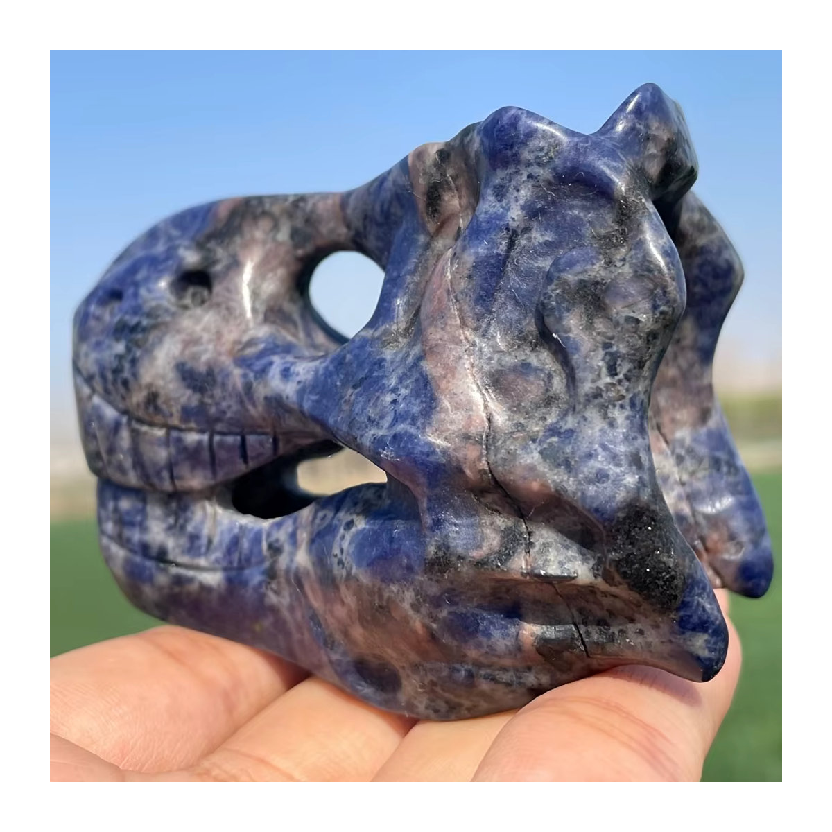 Handgeschnitzter Dinosaurier-Schädel aus blauem Stein von CRYSTALHOLA als echtes Mineralexemplar mit Marmoroptik - Bild 2