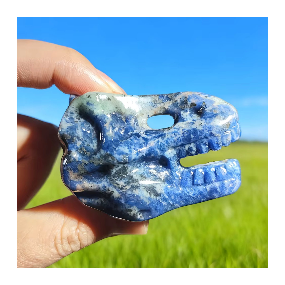 Handgeschnitzter Dinosaurier-Schädel aus blauem Stein von CRYSTALHOLA als echtes Mineralexemplar mit Marmoroptik - Bild 5