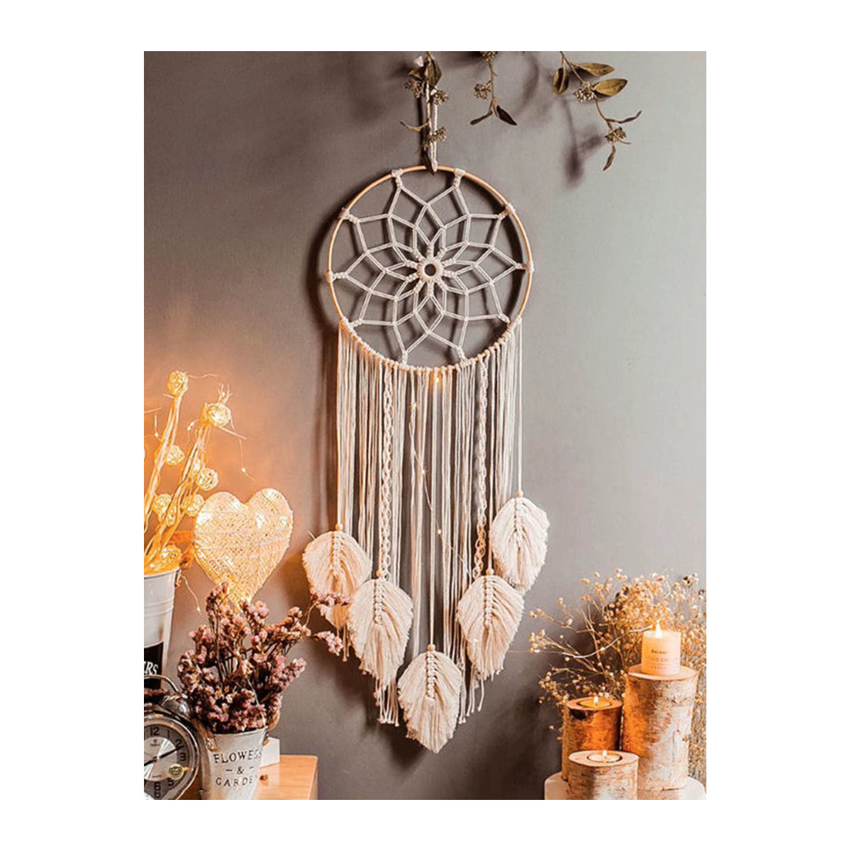 Handgewebter Boho-Makramee Wandteppich mit Blattmotiv in Beige als nordische Wanddekoration - Bild 2