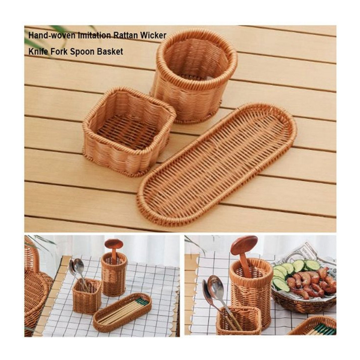 Handgewebter Rattan Servierkorb in Braun als rustikaler Besteckhalter für Essstäbchen, Gabeln und Löffel - Bild 1