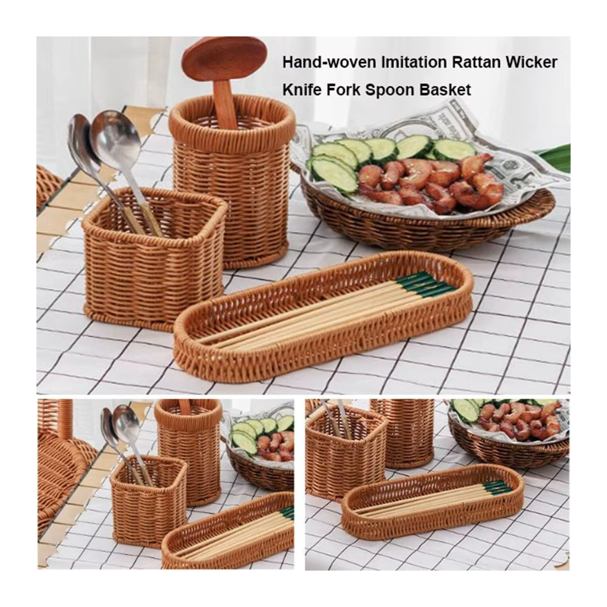 Handgewebter Rattan Servierkorb in Braun als rustikaler Besteckhalter für Essstäbchen, Gabeln und Löffel - Bild 5