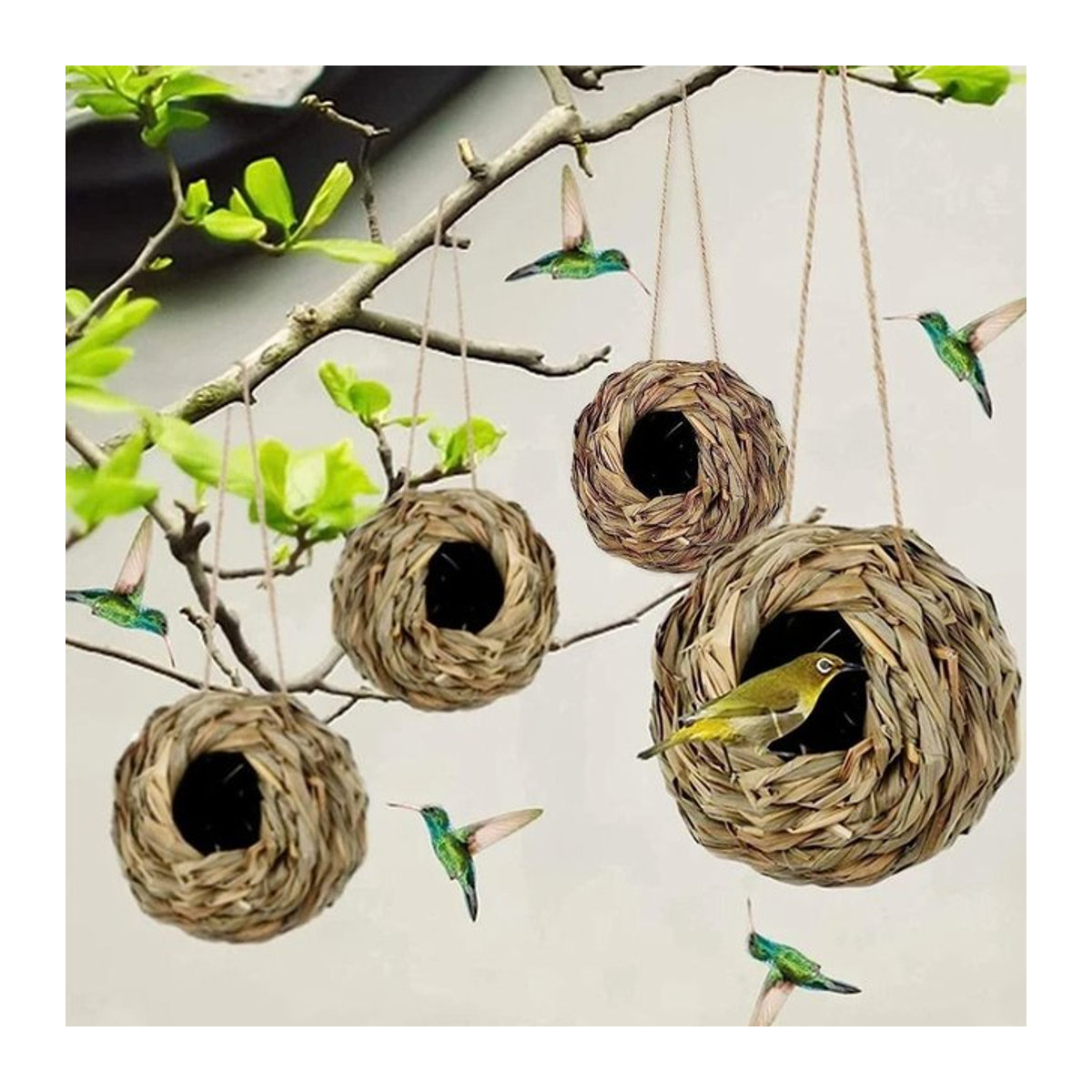 Handgewebtes Vogelnest aus natürlichem Schilf und Stroh in Kugelform, braunes Hängeornament für Vögel zur Gartendekoration - Bild 1
