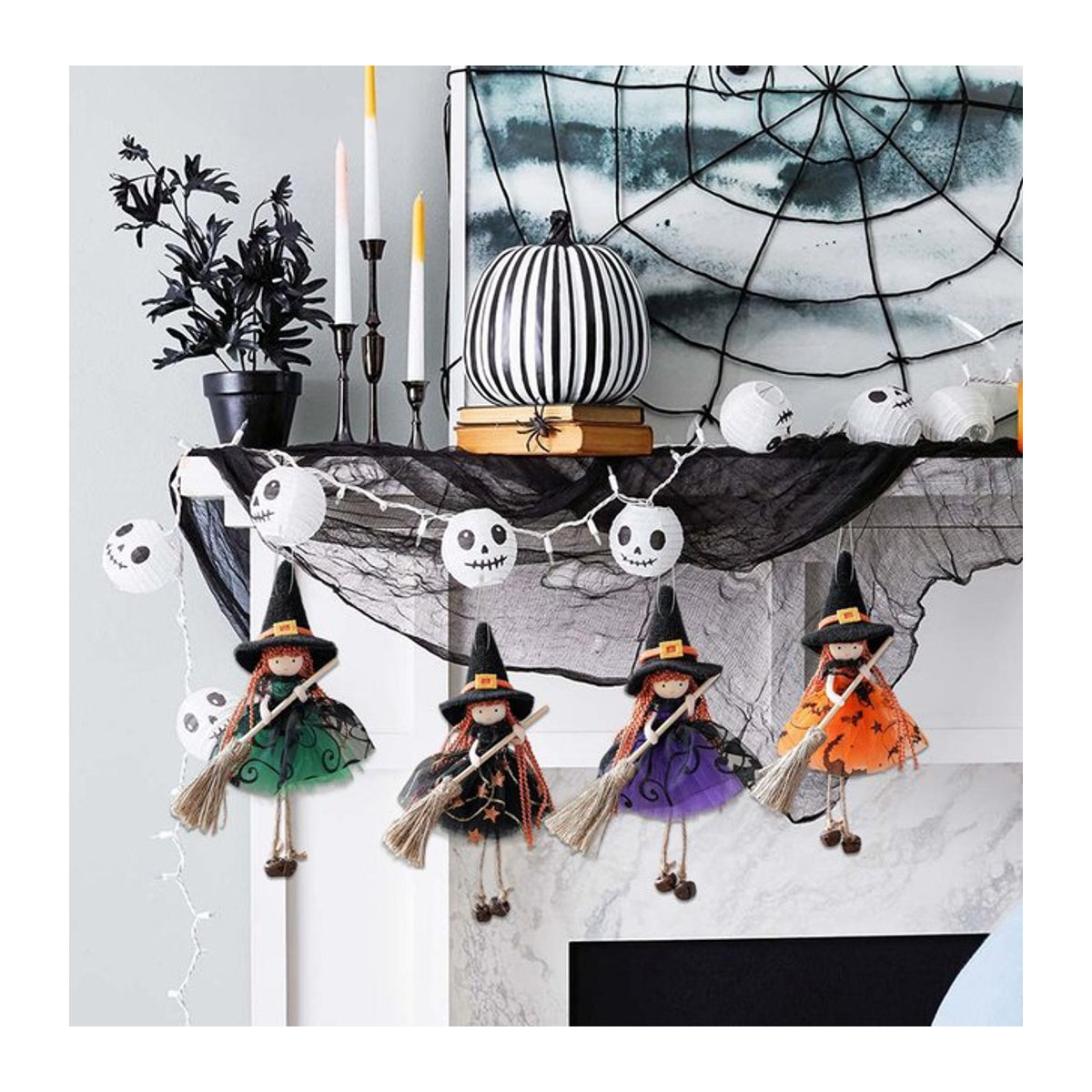 Hängende Halloween-Hexenpuppe aus Textil in Orange und Mehrfarbig mit Besen zur Dekoration - Bild 1
