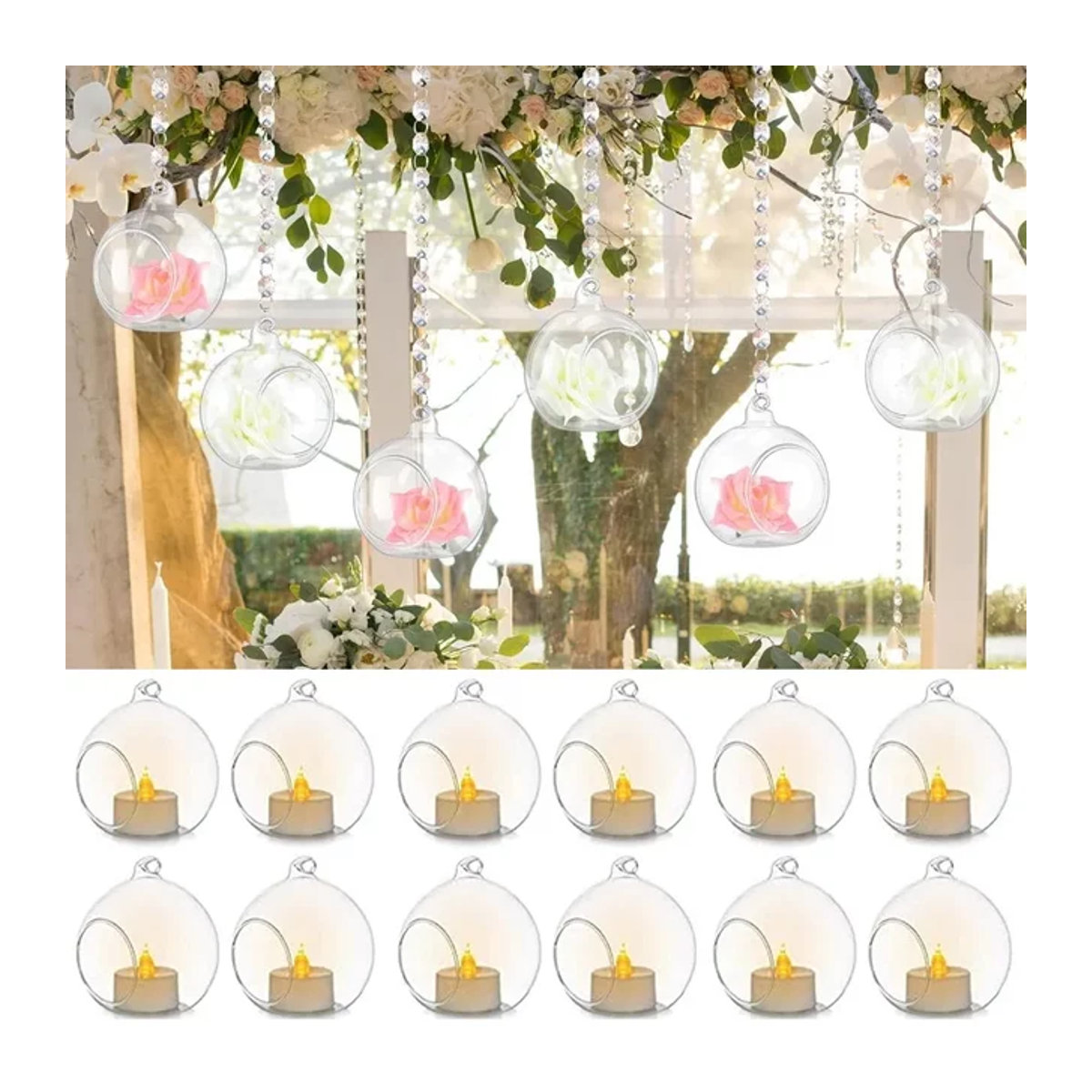 Hängende Kerzenhalter aus Glas mit Kristallperlen-Girlande, transparente Glaskugeln für Teelichter zur Dekoration von Hochzeiten und Partys - Bild 1