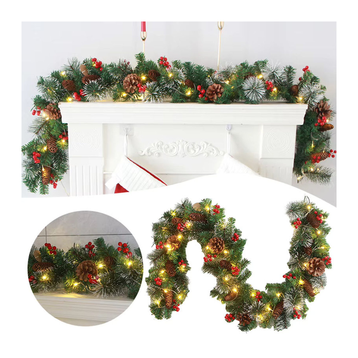 Hängende Weihnachtsdekoration aus Rattan mit roten Beeren in Rot und Grün, Höhe: 180 cm - Bild 5