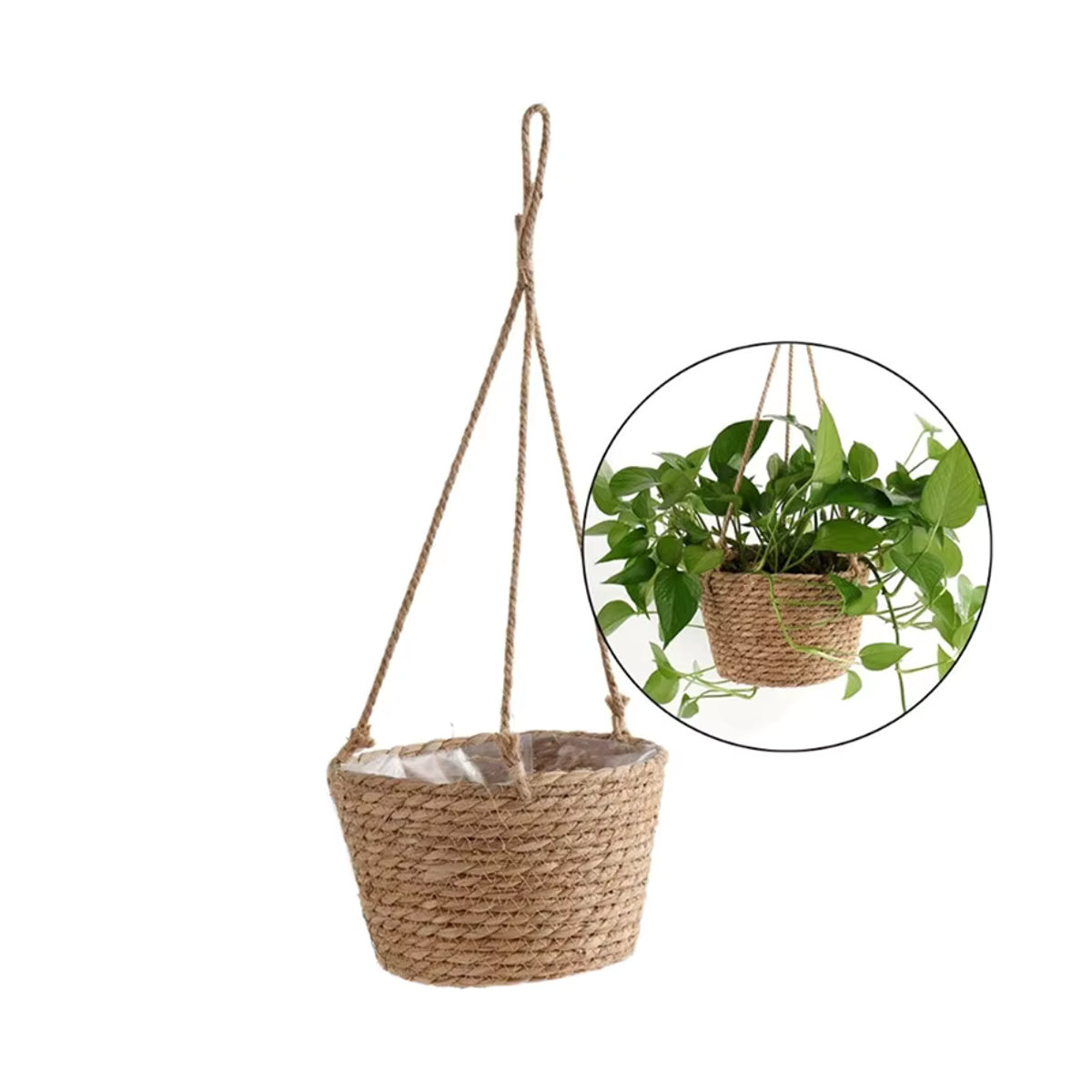 Hängender Blumenkorb aus Rattan und Gras im Bohemian-Stil, rund und mehrfarbig - Bild 2