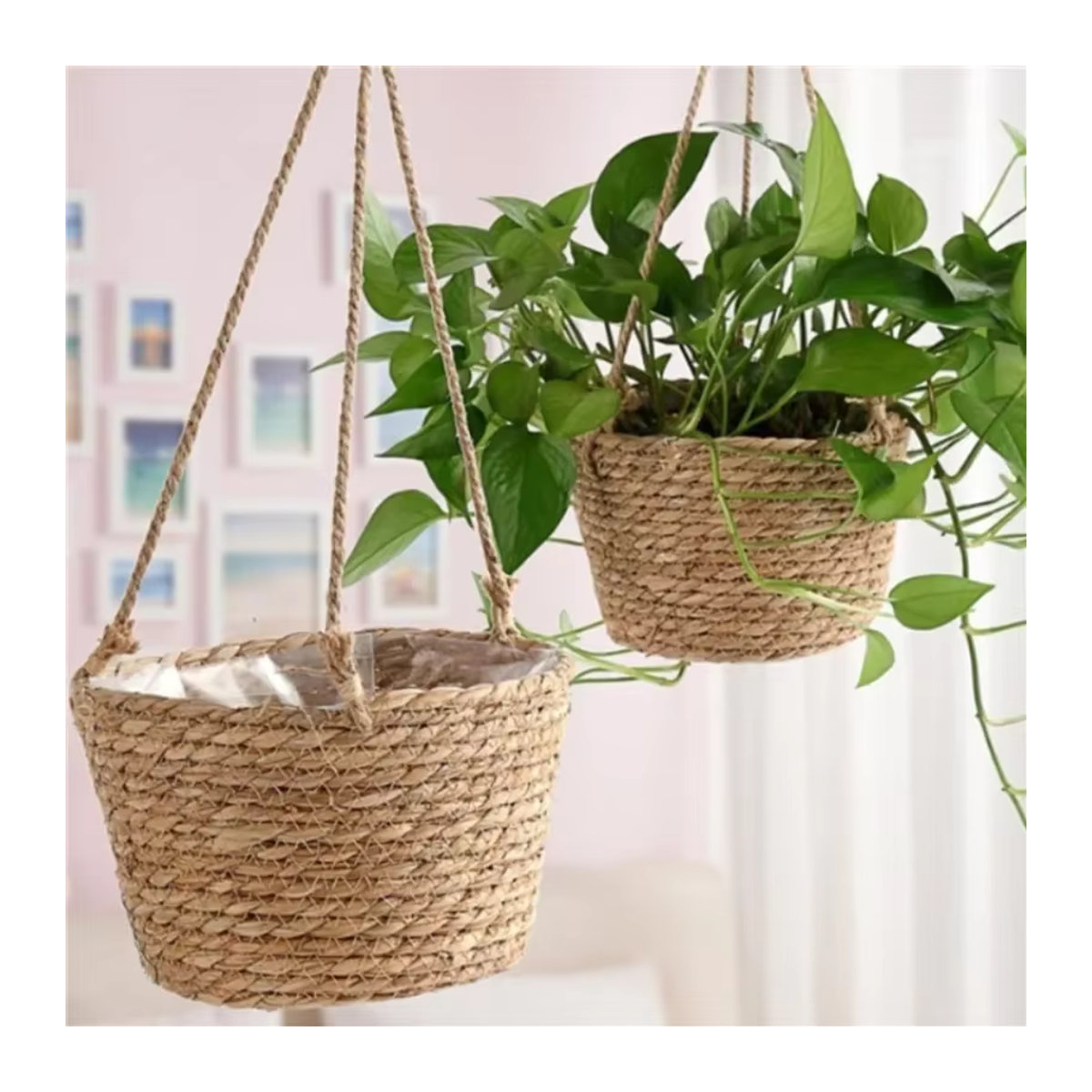 Hängender Blumenkorb aus Rattan und Gras im Bohemian-Stil, rund und mehrfarbig - Bild 5