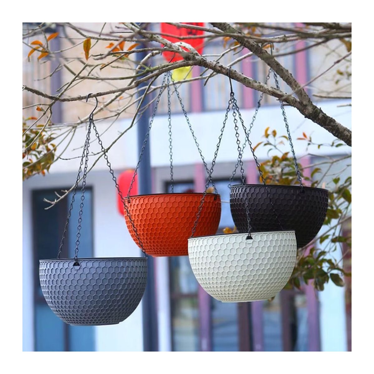 Hängender Blumentopf in Web-Optik aus Kunststoff für Hydroponik und Garten, rund, Braun/Schwarz/Mehrfarbig - Bild 4