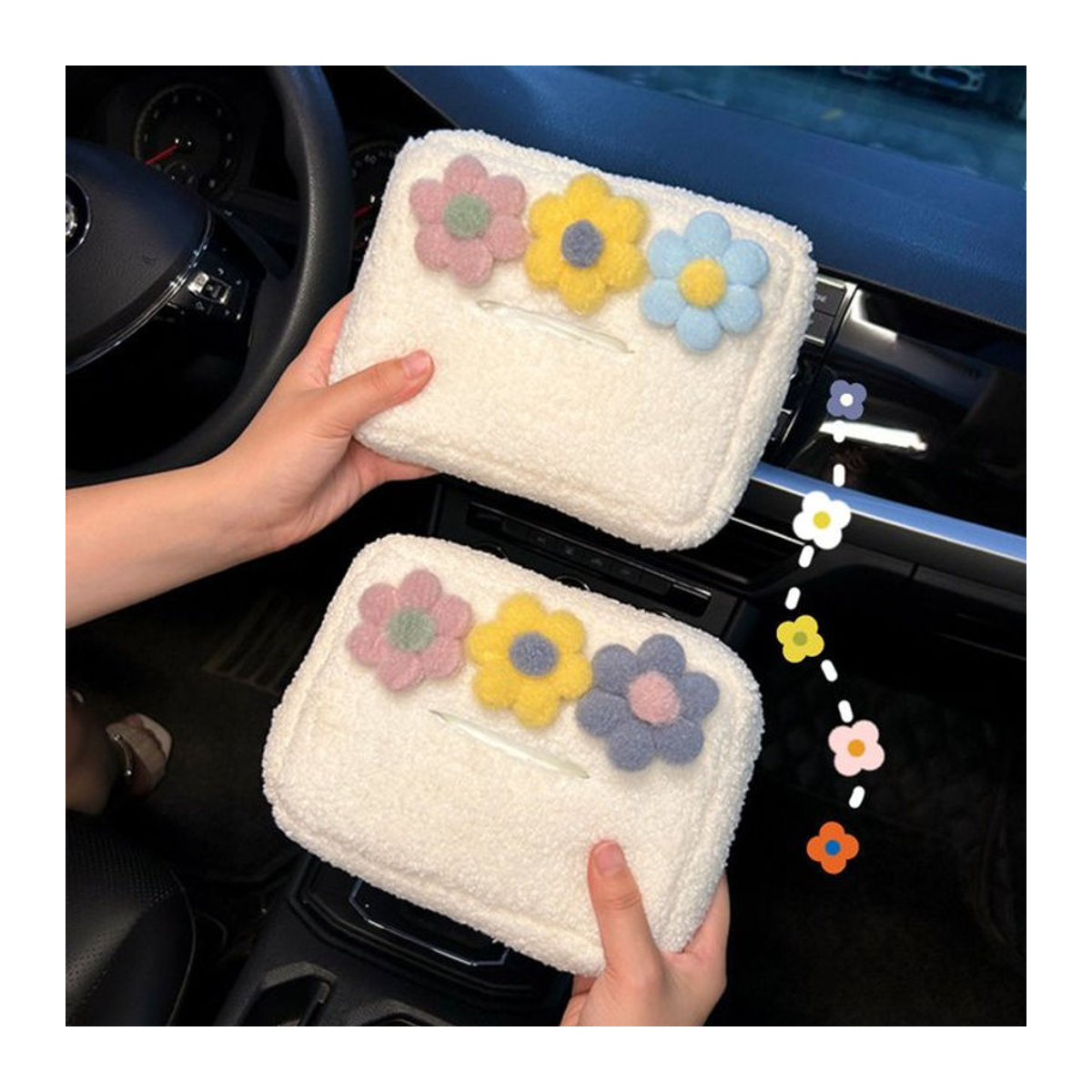 Hängender Plüsch Auto-Organizer mit floralem Design für die Kopfstütze als Tissue Box und Papierhalter in Weiß - Bild 1