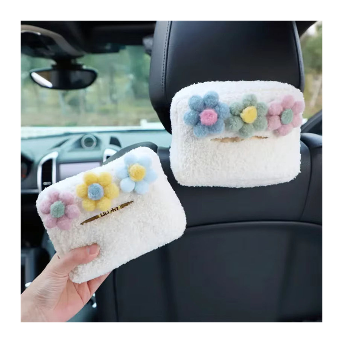 Hängender Plüsch Auto-Organizer mit floralem Design für die Kopfstütze als Tissue Box und Papierhalter in Weiß - Bild 2